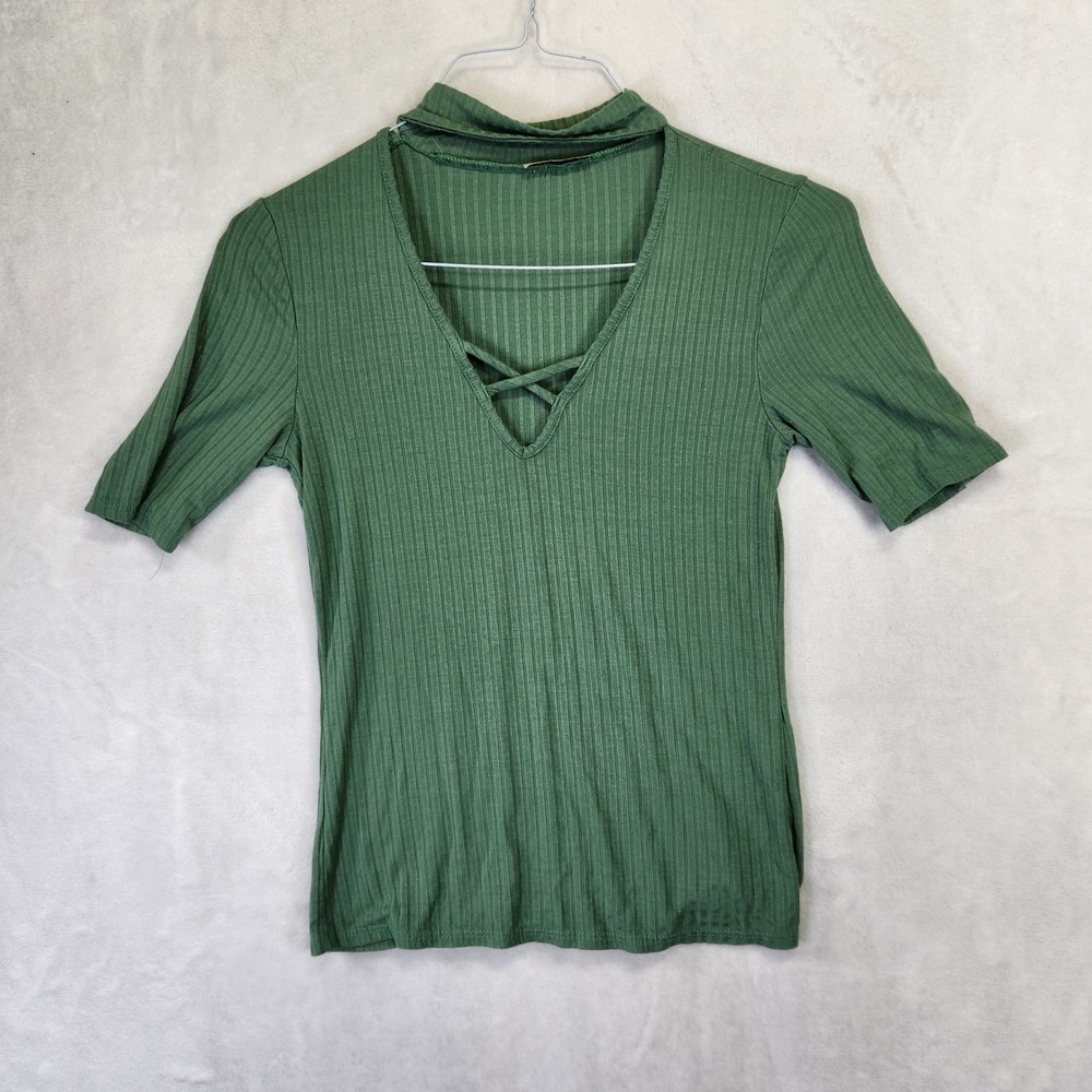 Ambiance‎ Women Olive Green Ribbed Cutout Choker V-Neck Short Sleeve Top